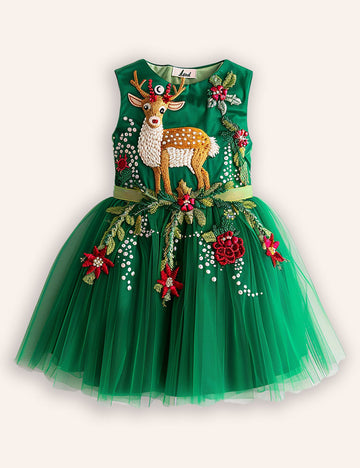 Festival Floral Reindeer Embroidered Tulle Dress